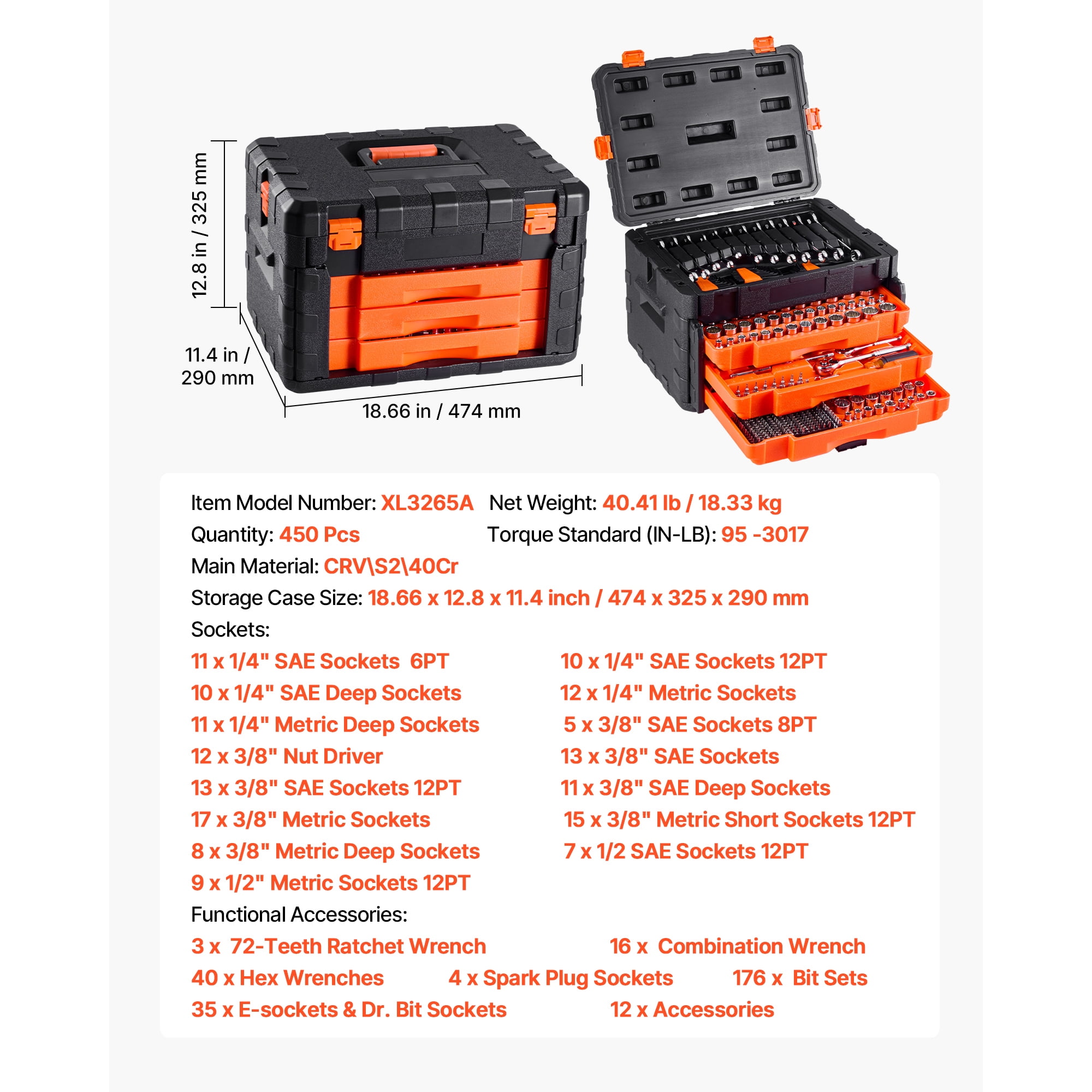 KFFKFF Comprehensive Mechanics Tool and Socket Set, 450 Pieces, Includes 1/4, 3/8, and 1/2 Inch Drive Deep and Standard Sockets, SAE and Metric Tools with Bits, Wrenches, Accessories