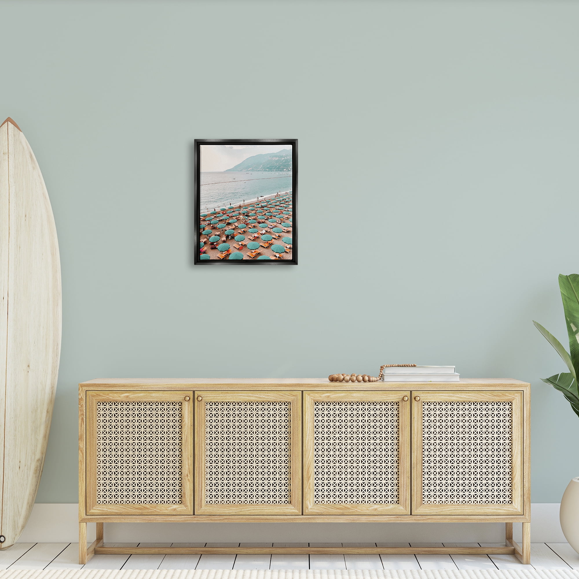 Stupell Beach Umbrellas Coastal Vacation Landscape Photography Black Floater Framed Art Print Wall Art