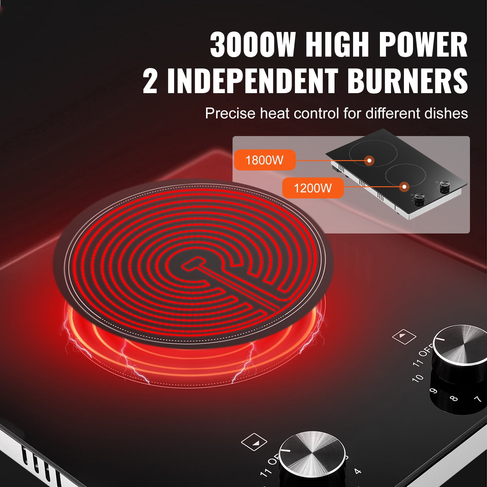 KFFKFF 12-Inch Electric Cooktop, 2-Burner Built-in Ceramic Stove, 3000W Radiant Heating, Glass Surface, Knob Controls, 11 Adjustable Heat Settings, 220-240V, Hardwired Connection (No Plug)