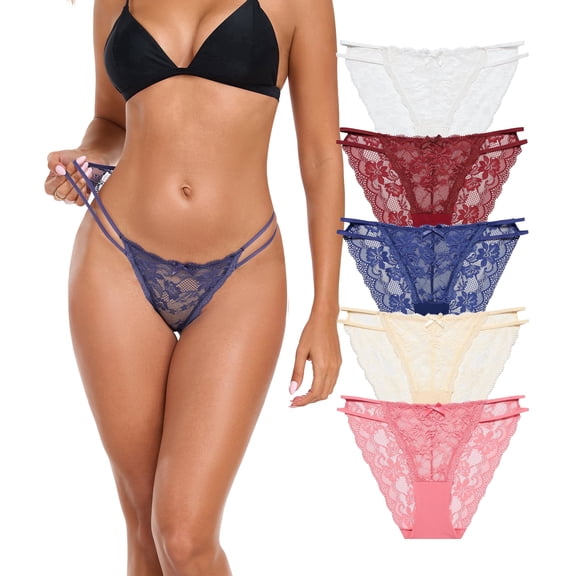 CF Sexy Lace String Bikini Panties 5 Pack Hi Cut Sheer Underwear for Women Seamless Stretch Low Rise Hipster Briefs Ladies Soft Floral Lacy Lingerie(5D,M)