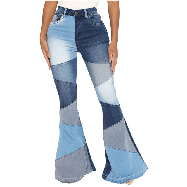 Simua Women Patchwork Flare Jeans Stretch High Waisted Bell Bottom Color Block Denim Pants