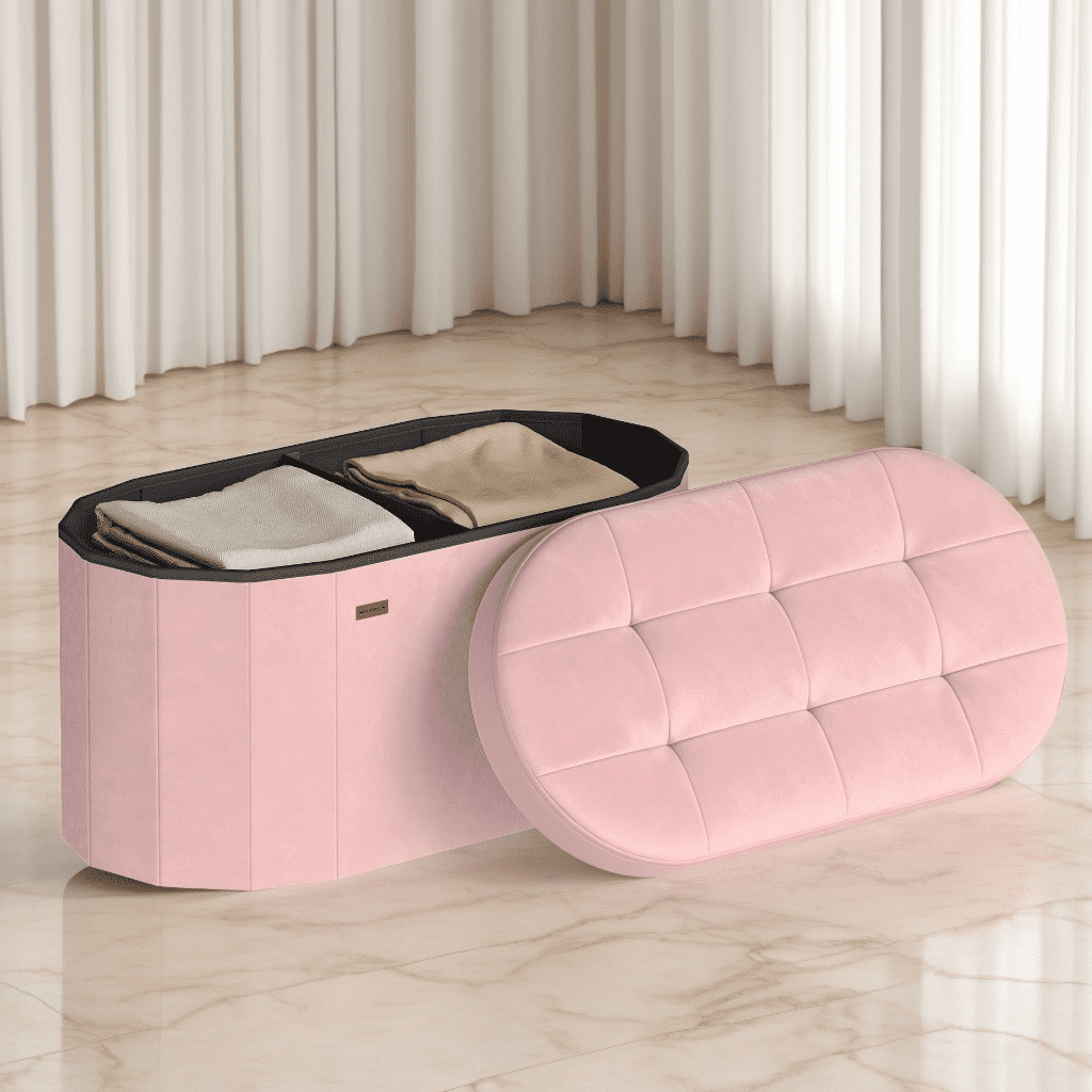 LEDREM 30" Foldable Storage Ottoman Bench, Velvet Fabric Ottoman with 2 Internal Dividers, Footrest for Bedroom Living Room, Jelly Pink
