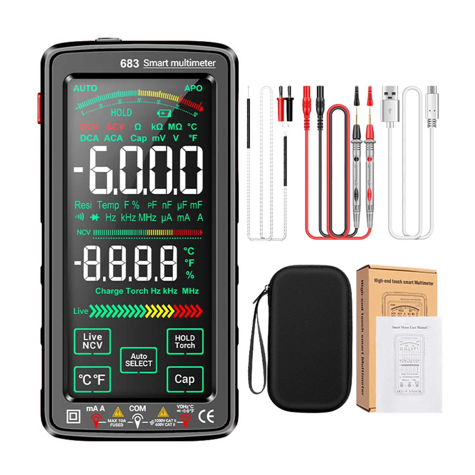 Smart Sensor Touch Screen Multimeter, 6000 Counts Display, NCV Induction, Flashlight, Rechargeable Lithium Battery, Silicone Protective Sleeve, Electrician Tool