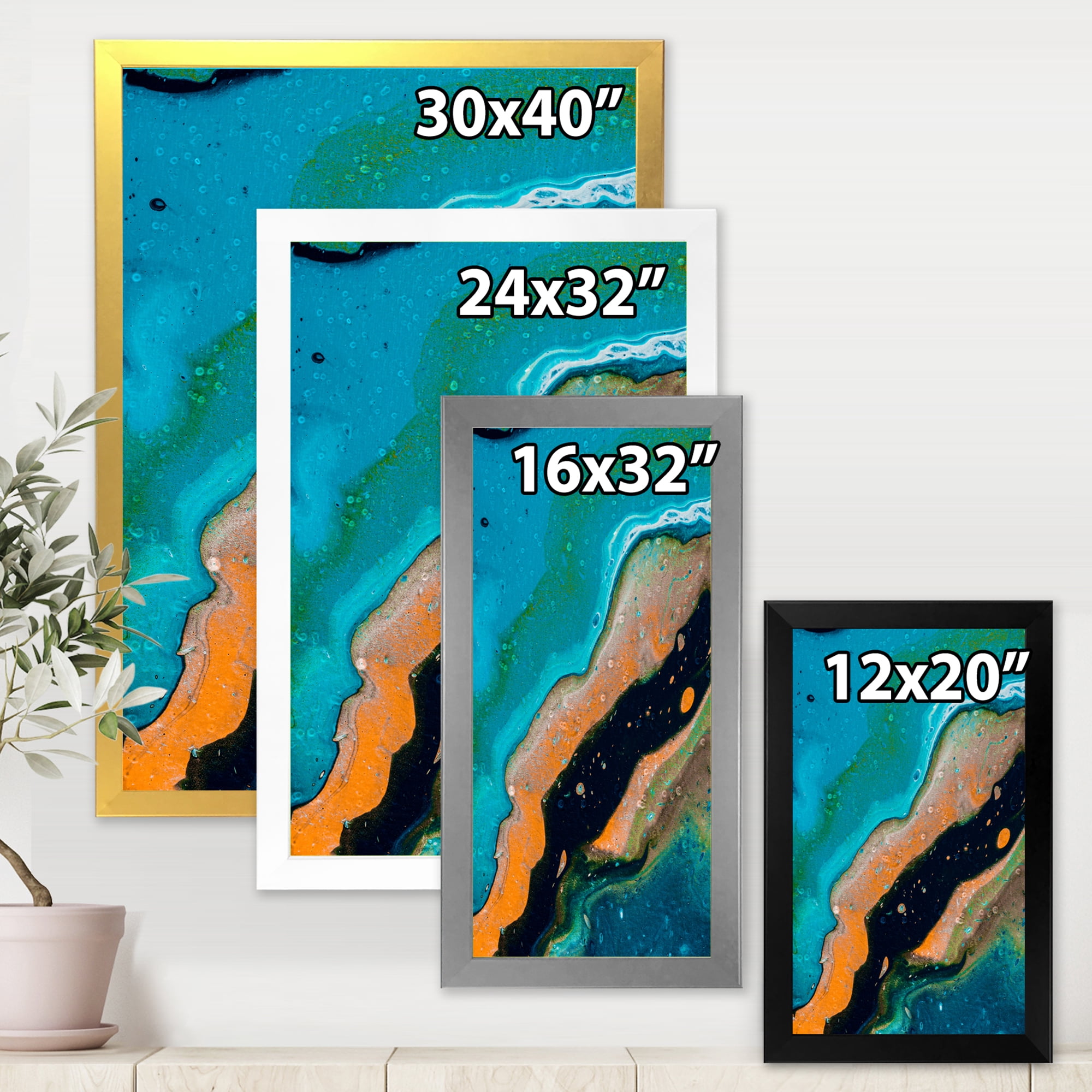 Designart 'Abstract Marble Composition In Orange and Blue II' Modern Framed Art Print