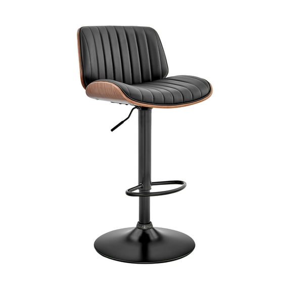 Armen Living Indoor Brock Adjustable Black Faux Leather and Walnut Wood Bar Stool with Black Base