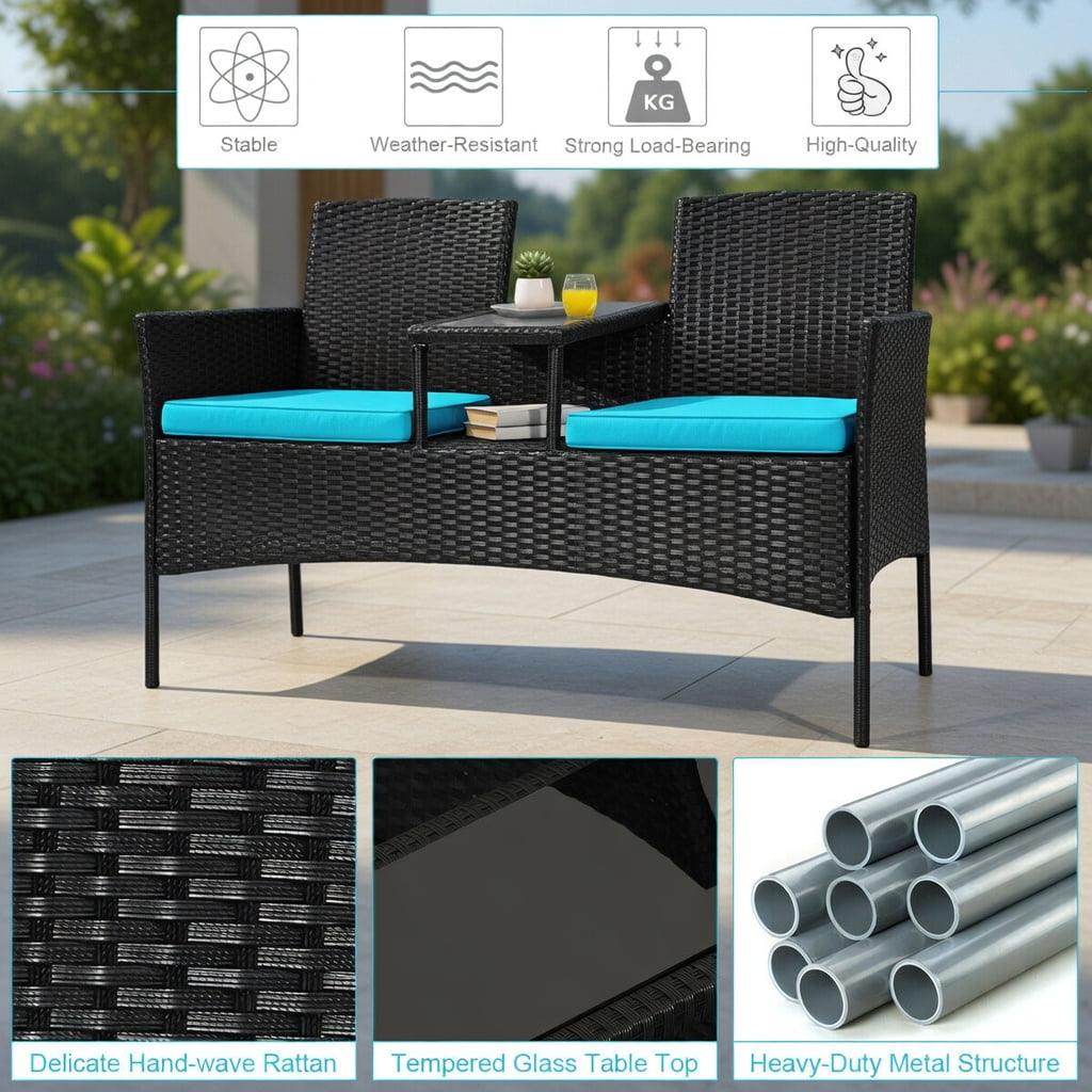 Hommoo Wicker Patio Conversation Set, Outdoor Sofa Set with Removable Cushions, Tempered Glass Table, Weather-Resistant Rattan, for Balcony, Poolside & Garden, Turquoise
