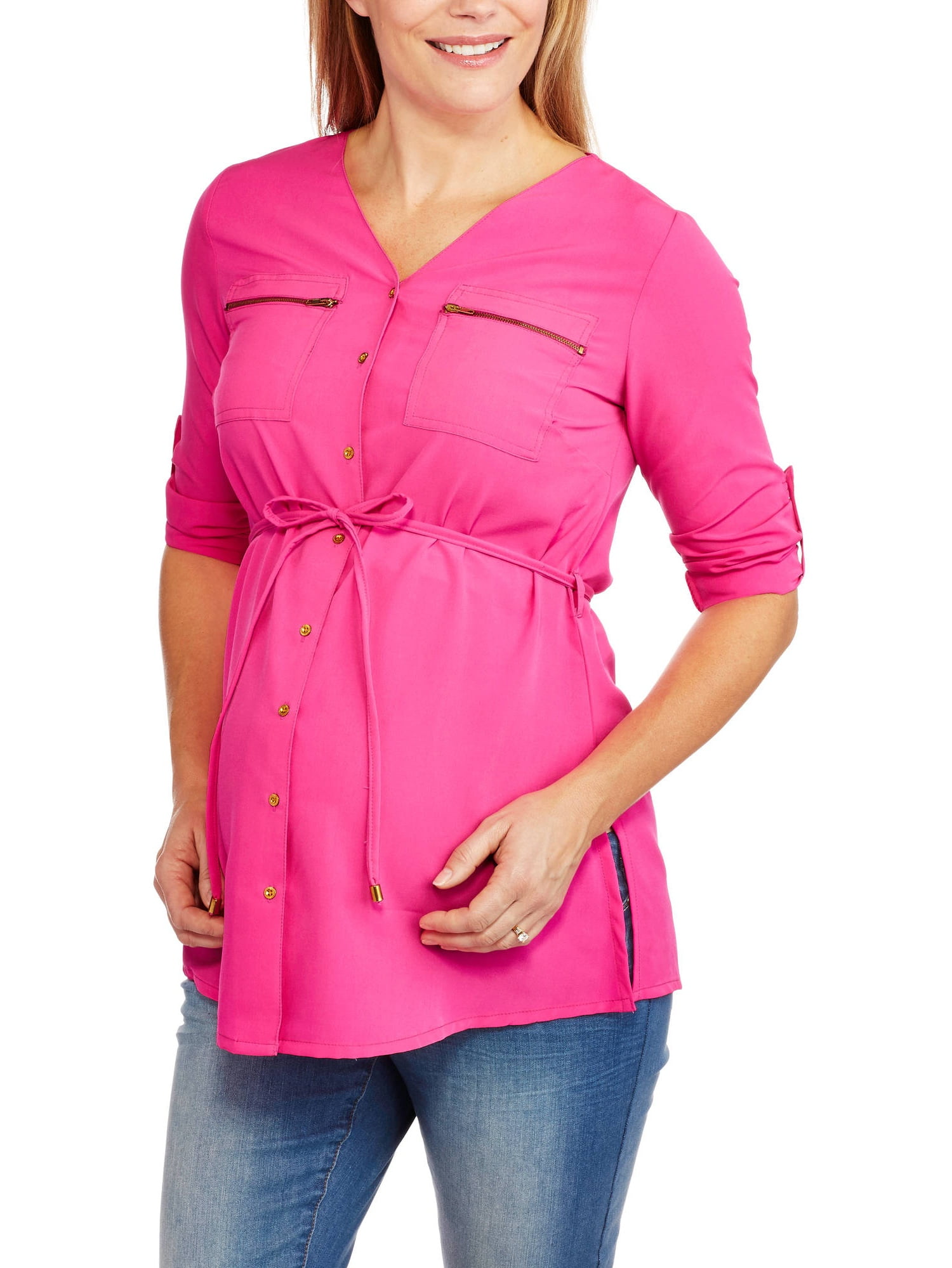 Oh! Mamma Maternity 3/4 Sleeve Zipper Pocket Shirt with Tie Waist