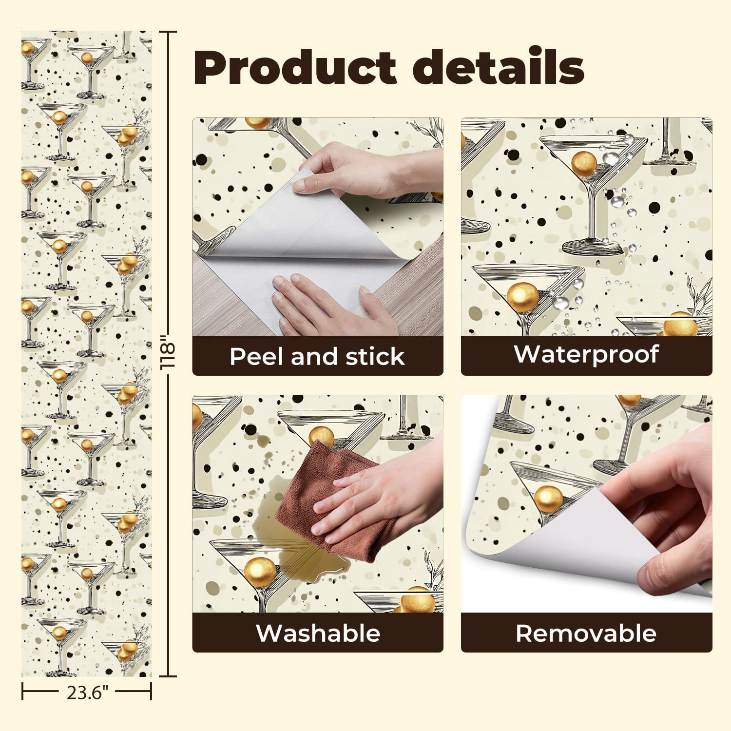 Peel and Stick Wallpaper Elegant Martini Glasses Golden Garnish Abstract Dot Wall Mural 23.6in x 9.8ft Self Adhesive Removable Wall Paper Renter Friendly Wallpaper for Nursery Bedroom Cabinets