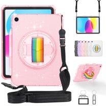 ELEHOLD Rugged Case for iPad 9th 8th 7th Generation 10.2-Inch Case, Glitter Clear Slim Shockproof Cute Cover with 360 degree Rotating Handstrap Functional Kickstand Crossbody Shoulder Strap,Pink