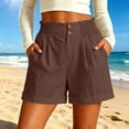 thumbnail image 3 of Hurxie Womens Summer High Waisted Cuffed Shorts Back Elastic Waistband Pleated Linen Shorts with Pockets Coffee,M, 3 of 6