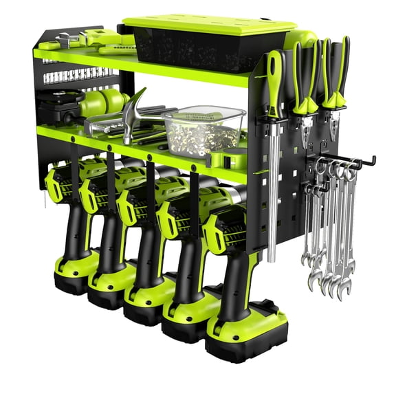 EMBATHER Wall-Mounted Power Tool Organizer, 5 Drill Holder with 2 Storage Shelves and 8 Hooks, Steel Garage Tool Rack, Green