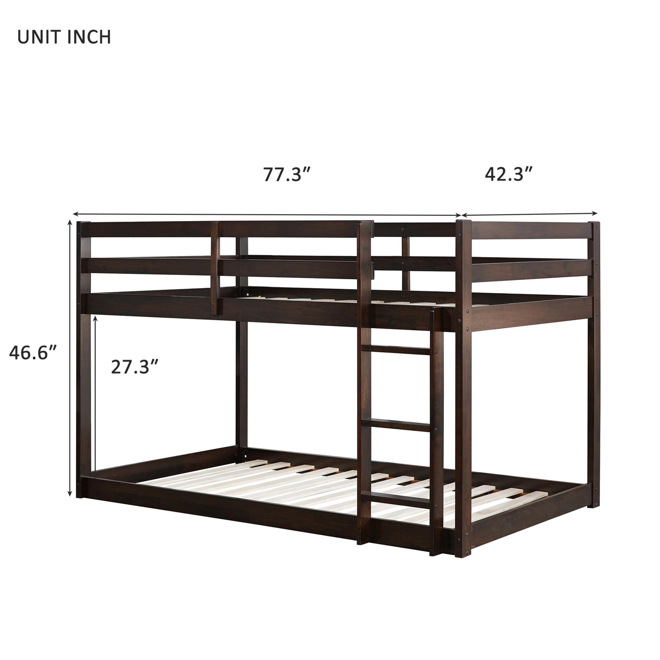 Noble House Alina Twin Over Twin Floor Bunk Bed with Ladder, Solid Rubber Wood Frame with Strengthened Slats, Espresso