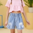 thumbnail image 2 of Glisme Girls Shorts Denim Shorts With Bow Flower Decorations Stretchy Elastic Waist Casual Summer Shorts For Toddler Kids Lightweight And Breathable Dark Blue Shorts Size 6-7 Years, 2 of 6