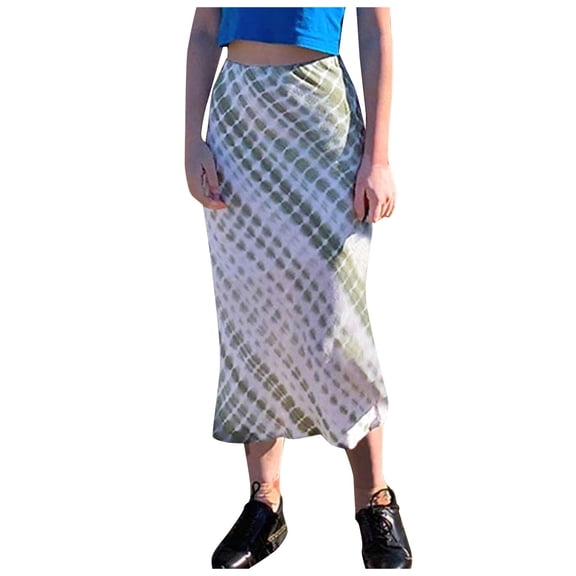 XIAONU Womens Printed Midi Skirt Satin Fabric Slip On Skirt Breathable Relaxed Everyday Skirts