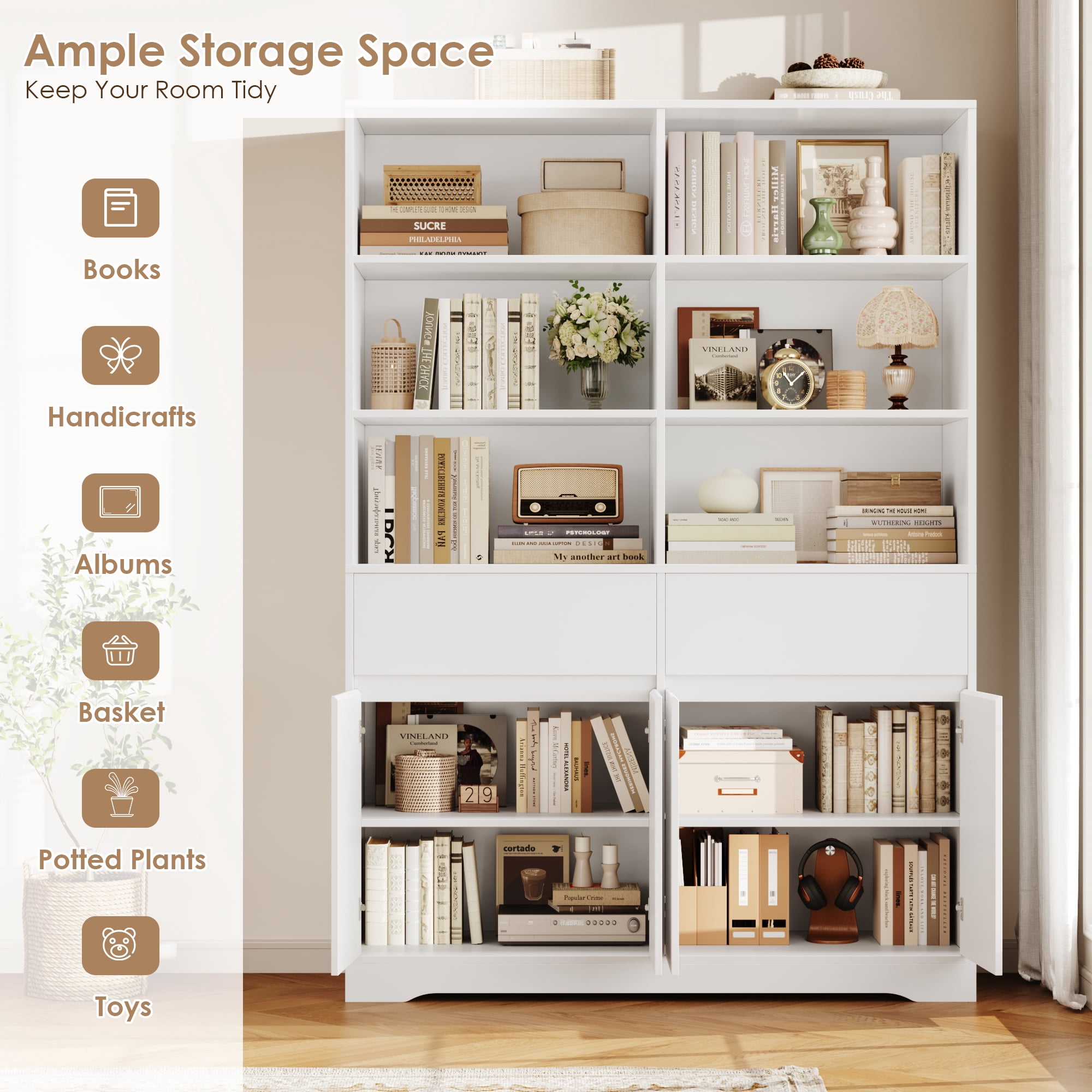 Hiphuta 69"H Modern Bookcases with Doors & Drawers, Large Wooden Display Shelf for Home Office, Wooden Storage Bookshelf for Living Room, White