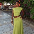 thumbnail image 5 of Women's Diagonal Collar Sleeveless Pleated Crop Tops & Long Skirt, Solid Color, 2pcs Set, 5 of 27
