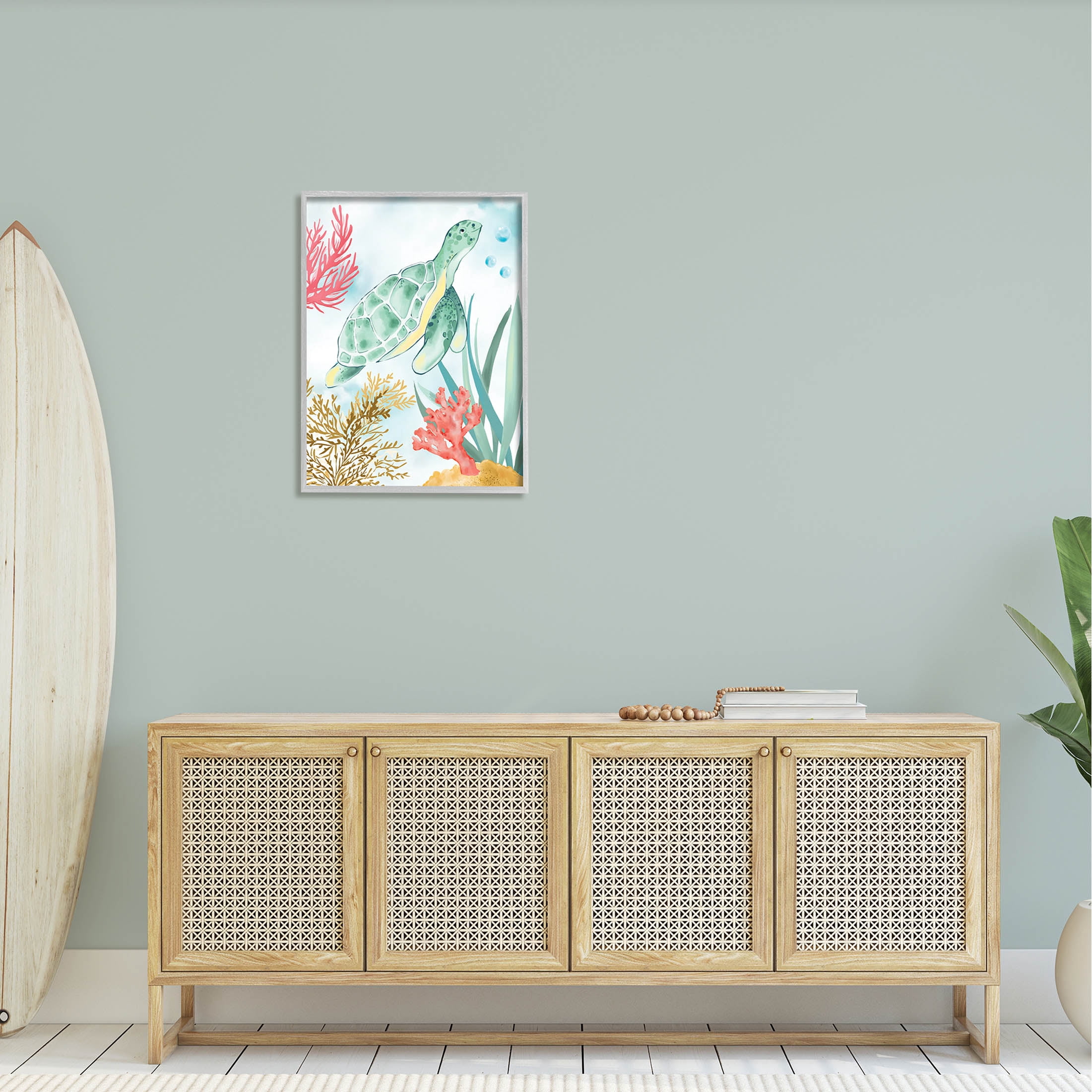 Stupell Industries Turtle Coral Reef Bubbles Graphic Art Gray Framed Art Print Wall Art, Design by House of Rose