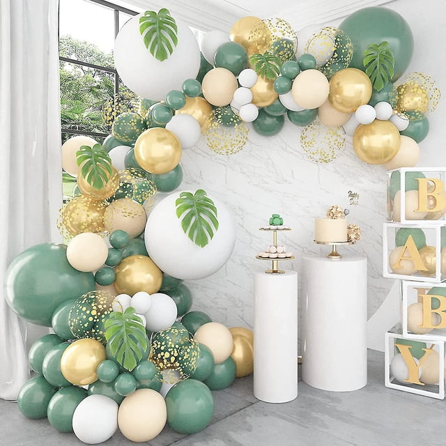 Liangnv Kit de guirnalda de globos verde salvia, 140 piezas, decoraciones para baby shower, verde oliva, dorado, metálico, oro blanco, confeti, arco de globo desnudo para fiesta nupcial