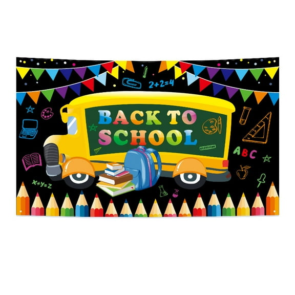 Back to School Bash Backdrop Chalkboard Welcome Back to School Background for Photography Bus Books and Colored Pencils Flags Decorations Banner
