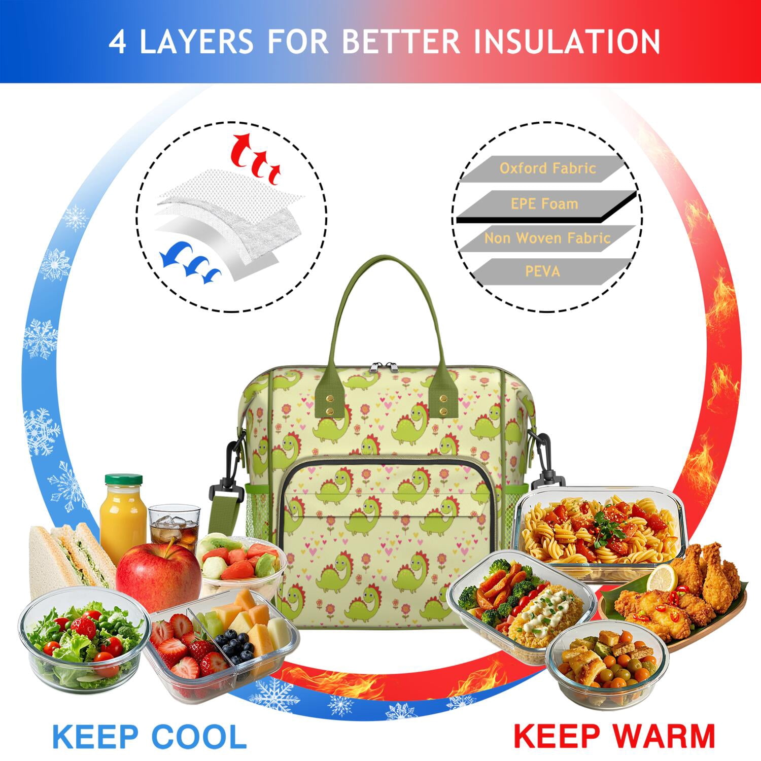 Dinosaur Lover Large Insulated Lunch Bag – Waterproof Dual Compartment Cooler Tote with Cute Dino Print, Adjustable Strap for Office, School, or Outdoor