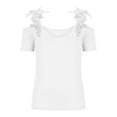 thumbnail image 3 of Chbgutlmr Going out Tops for Women Short Sleeve Cold Shoulder Lace Slim Comfy Solid Color Trendy Tops, 3 of 6