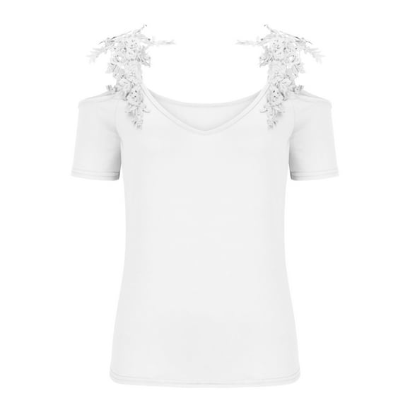 KIHOUT Womens Tops Long Sleeve Clearance Fashion Petite Summer V-Neck Short Sleeve Solid Lace Casual T-shirt Blouse