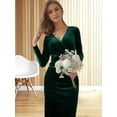 thumbnail image 4 of Womens Elegant Velvet Deep V Neck Wrap Hip Solid Long Sleeve Evening Party Cocktail Prom Gown Long Dress Dark Green S, 4 of 7