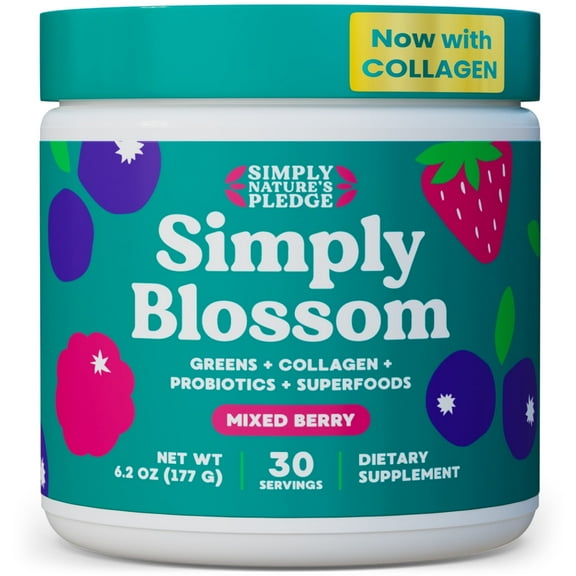 Simply Blossom Daily Greens & Superfood Powder for Women – Collagen   Probiotics for Digestion, Bloating Relief & Energy – 48 Organic Nutrients, Gut Health Support – Mixed Berry, 30-Day SupplySimply