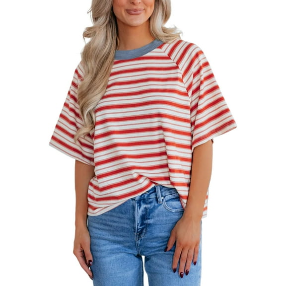 Women's Tomato Red Stripe Print Contrast Collar Raglan Sleeve T-Shirt – Stylish and Comfortable Casual Tee | [ZhiHiMeRi] | (US 12-14)L