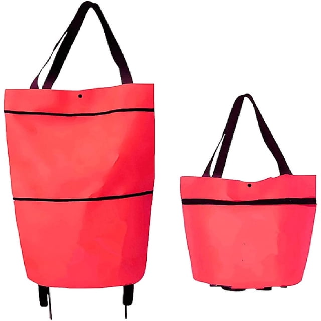 2023 Nouveau Sac de Courses Pliable 2 en 1, Chariot de Courses Léger Pliable, Chariot D'Épicerie sur Roues Pliable, Sac de Rangement Rétractable avec Roues (D Rouge)