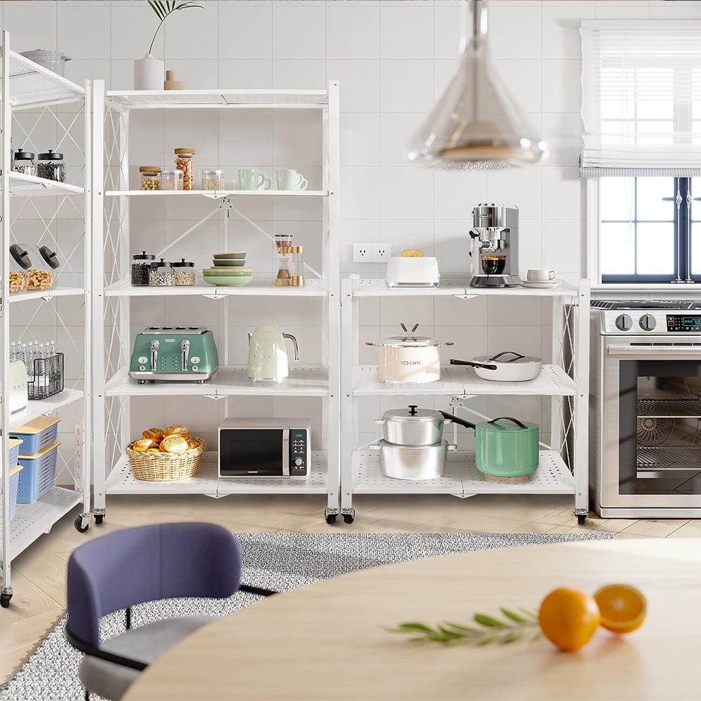 COOKCOK 5-Tier Storage Shelving Unit, Metal Shelf 27.9"x13.4"x62.5, Foldable Storage Shelf with Wheels, Garage Shelf, Metal Storage Rack, Kitchen Shelf with 4 Hooks, No Assemble Require, White
