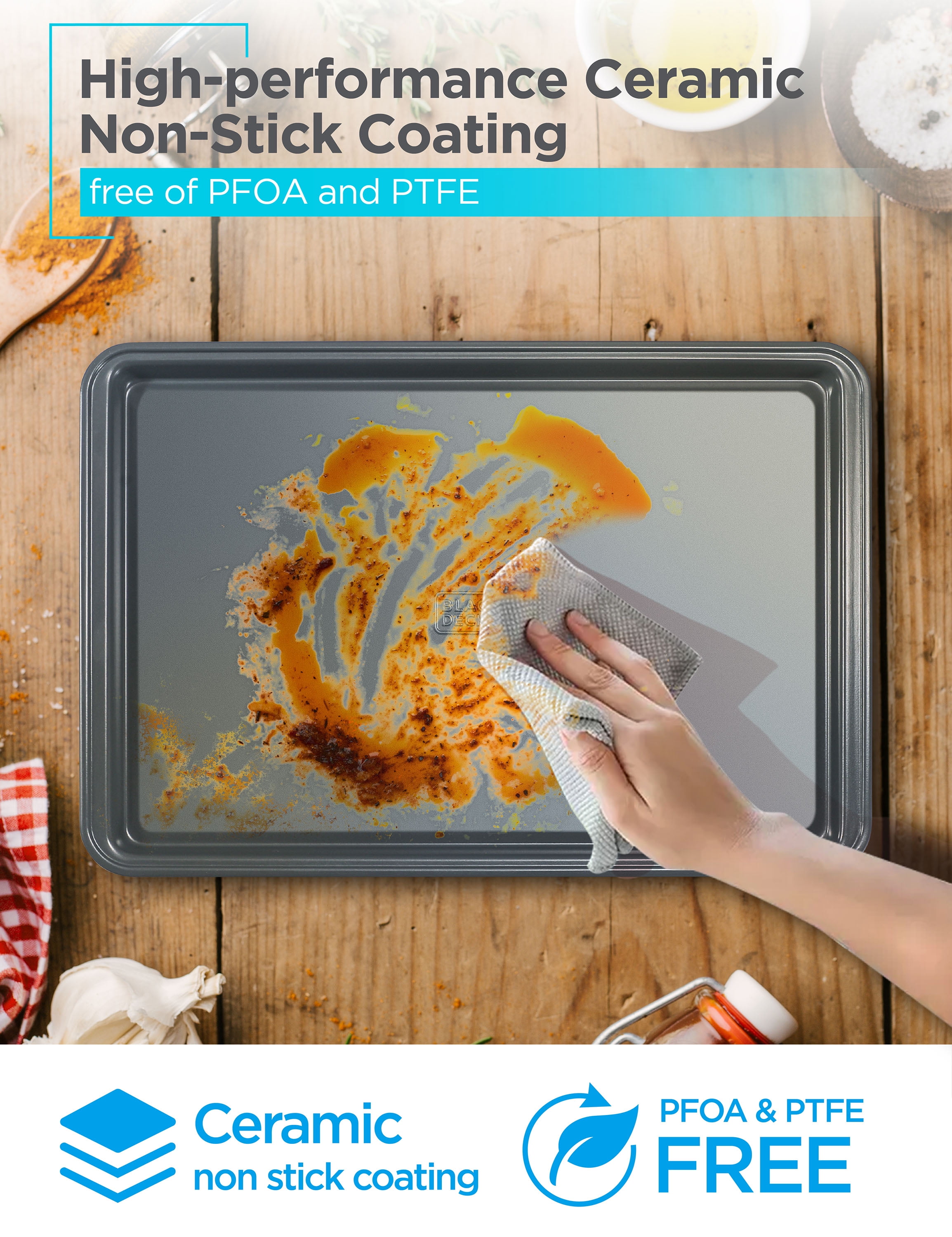 BLACK+DECKER 3-Piece Carbon Steel Baking Sheet Set, Includes 13”, 15”, 17” Cookie Sheets for Baking, 0.4mm Carbon Steel Baking Pans Set with Ceramic Non-Stick Coating, Black Finish