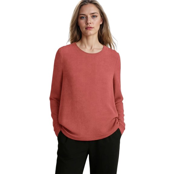 HOMBOM Shirts for Women Summer Loose Fit Orange Cotton Linen Solid Long Sleeve Crewneck Womens T Shirts