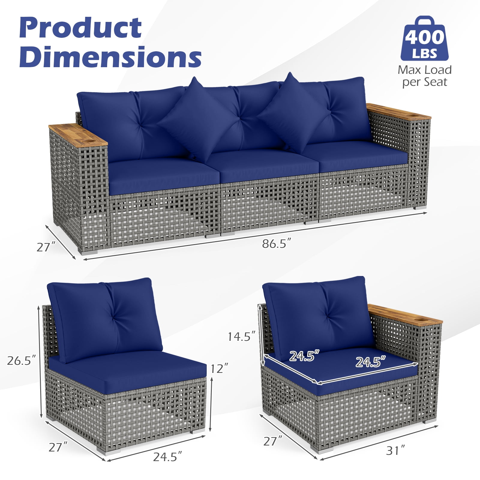 Costway Patio Wicker Sectional Furniture Set, 3 Piece Outdoor Couch Set for Garden Navy