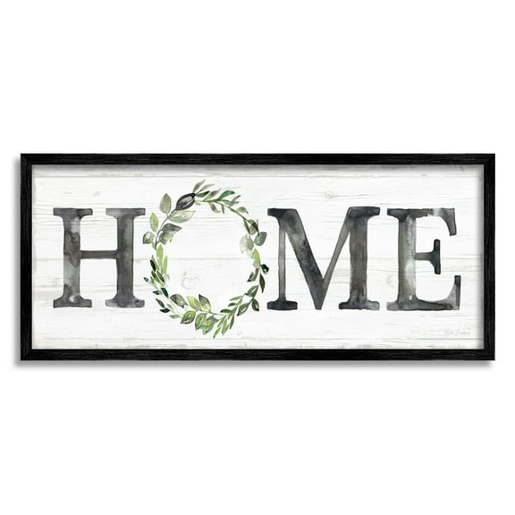 Stupell Industries Weathered Pattern Home Sign Botanical Wreath Greenery Graphic Art Black Framed Art Print Wall Art, Design by Kristen Brockmon