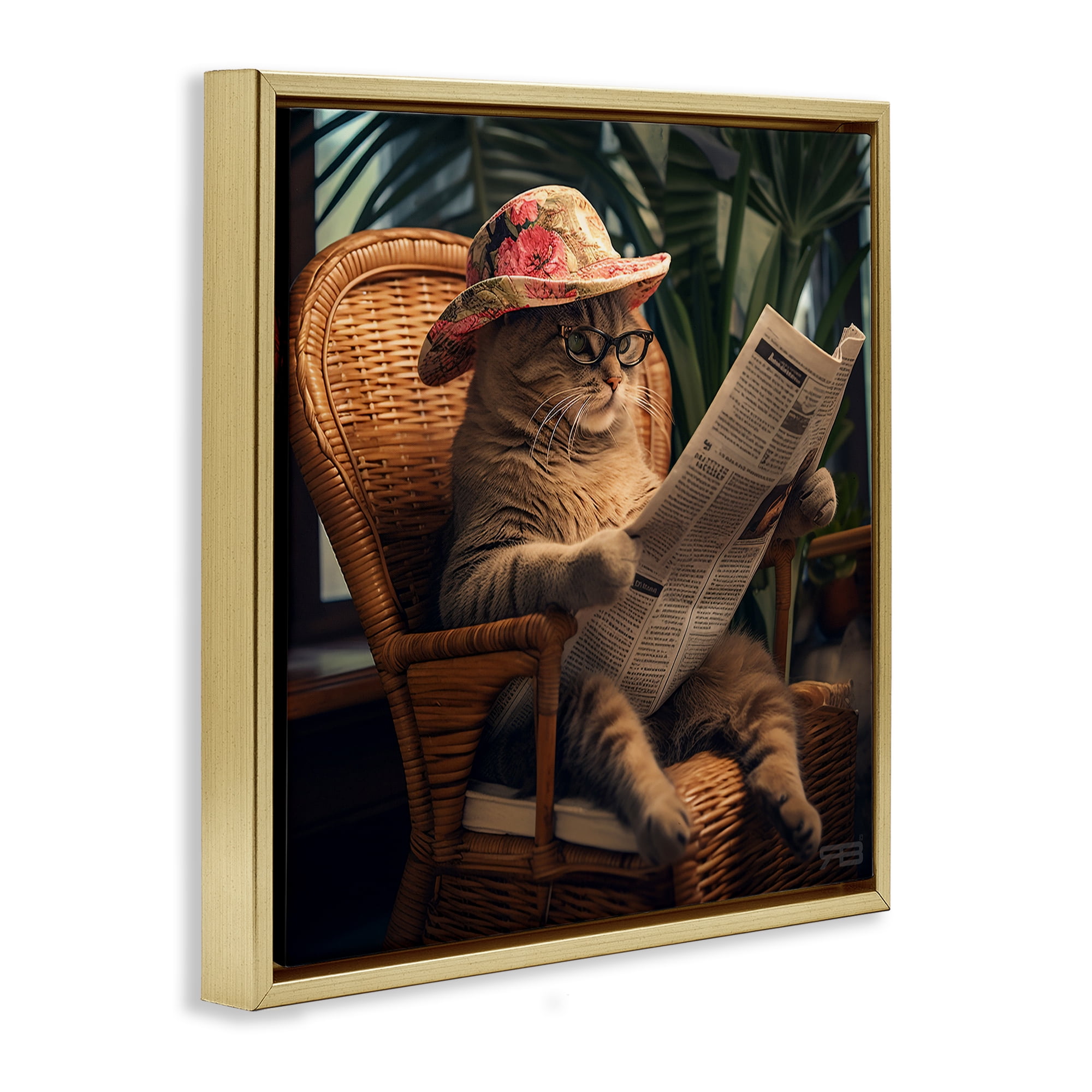 Stupell Industries Funny Cat & Newspaper Animals Painting Gold Floater Framed Canvas Art Print Wall Art, 25 x 25