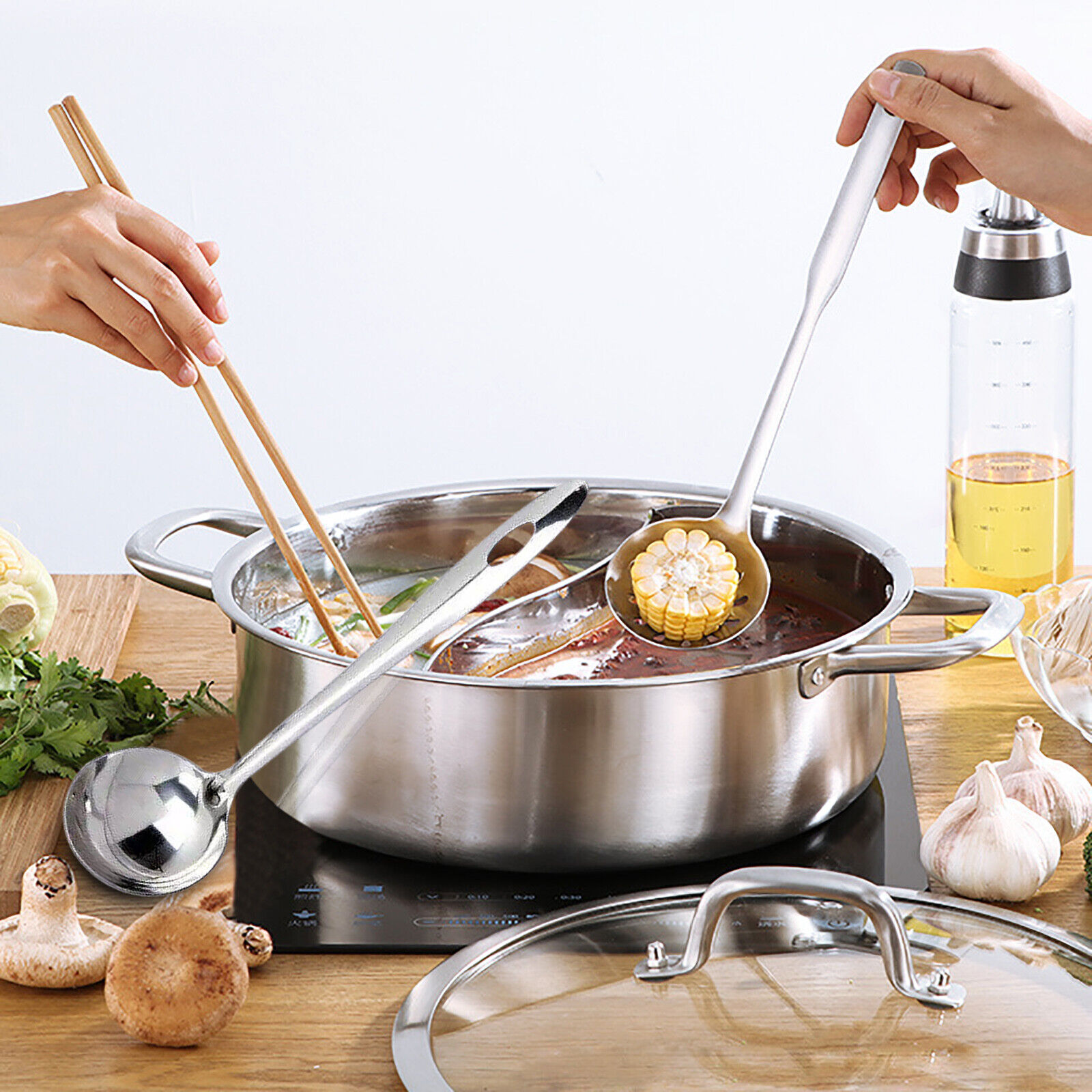DENEST 304 Stainless Steel Shabu Dual Sided divider Cooking Soup Hot Pot Cookware with Lid