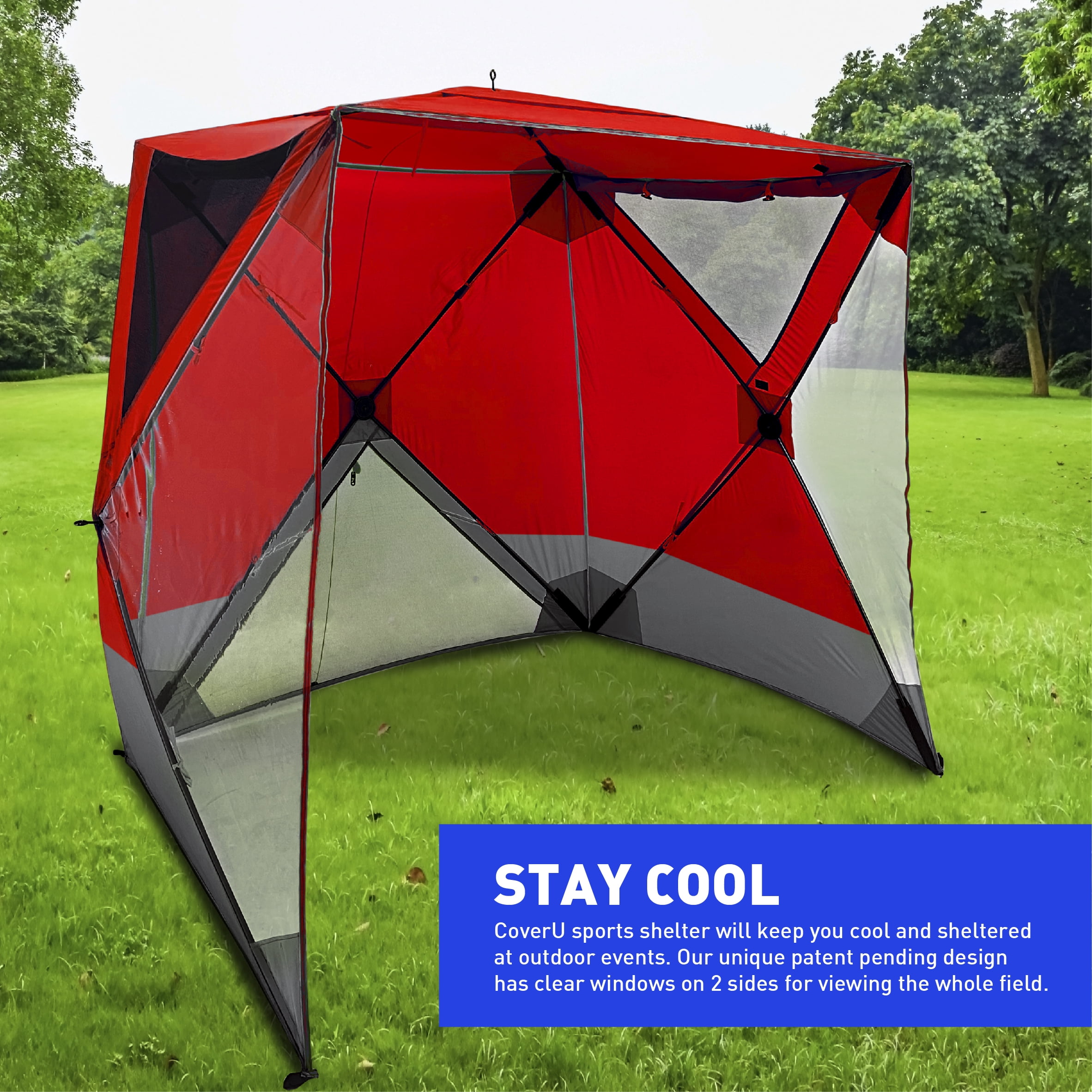 CoverU Sports Tent Pod For 3-4 People - RAIN or Sun Protection   NEW Large Pop Up Climate Canopy Shelter   Soccer, Football, Softball & Other Sporting Events and Parades - Patented and Patents Pending Red Sun