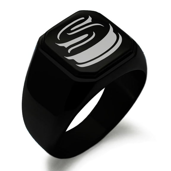 Stainless Steel Letter S Initial 3D Monogram Engraved Engraved Square Flat Top Biker Style Polished Signet Ring