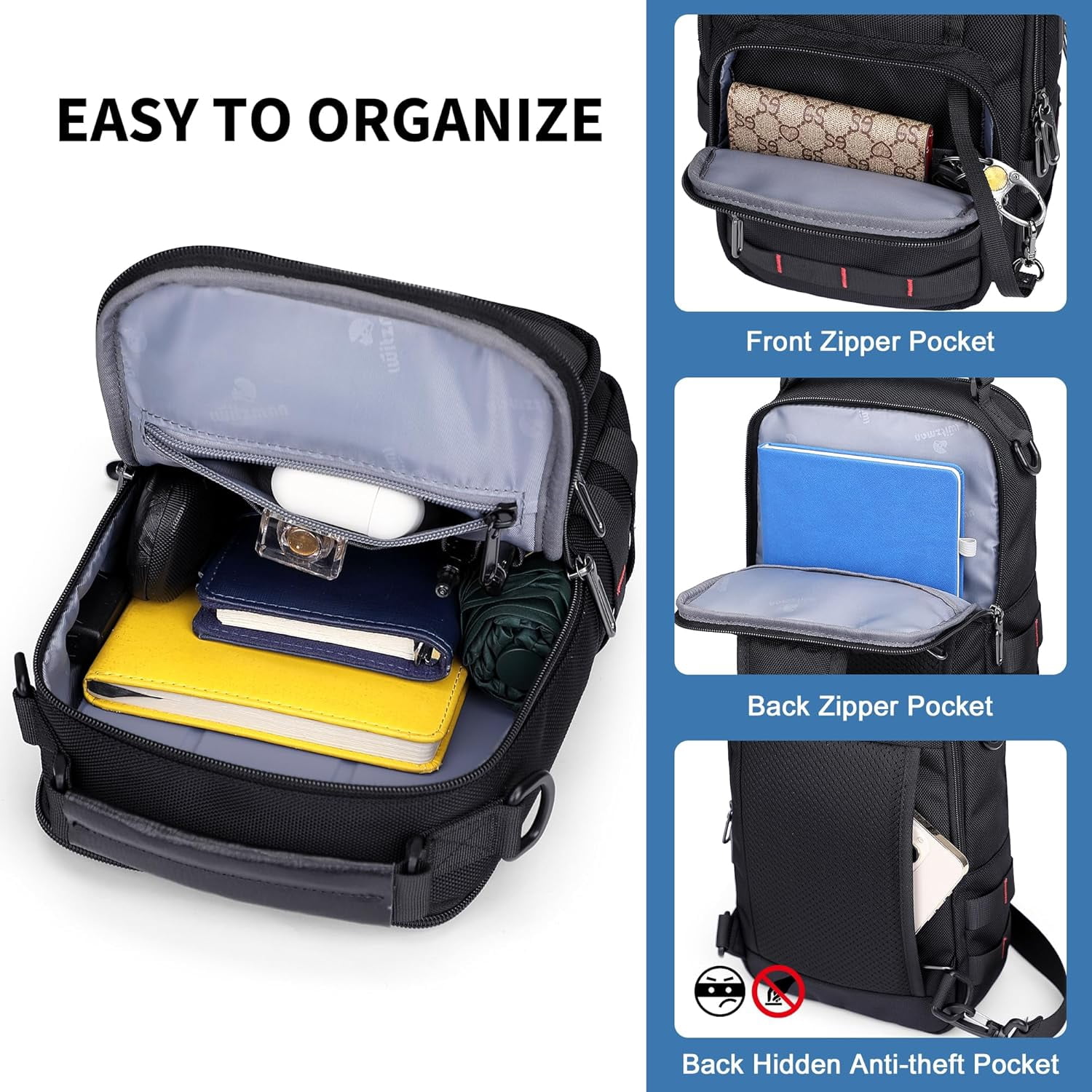 WITZMAN Sling Bag for Men Travel Crossbody Chest Bag with USB Charging Port for Casual Daily Work(B730 Black)