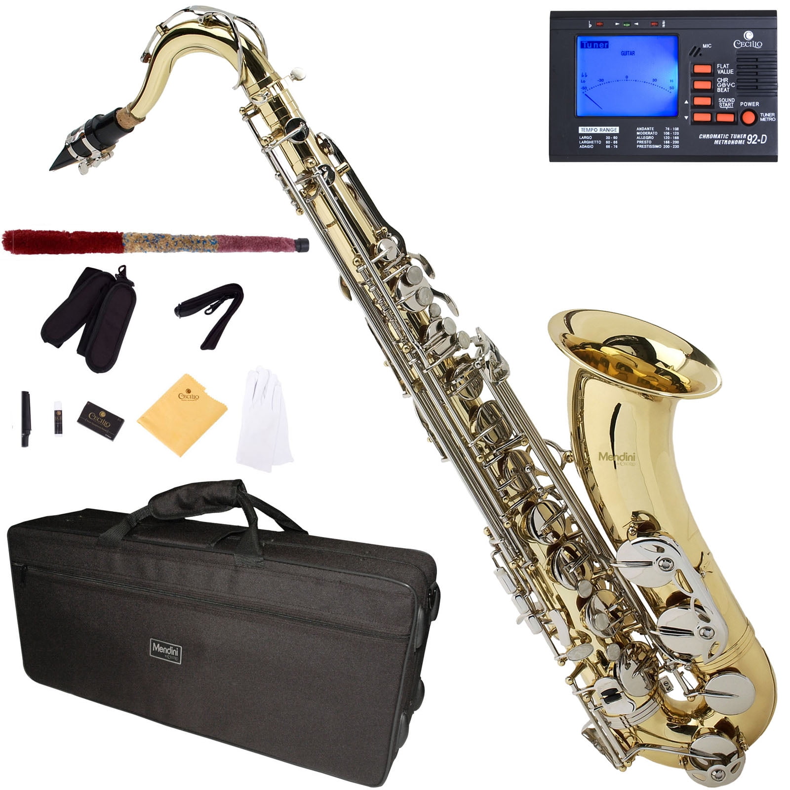 Mendini by Cecilio Bb Tenor Saxophone with Tuner, 10 Reeds, Mouthpiece