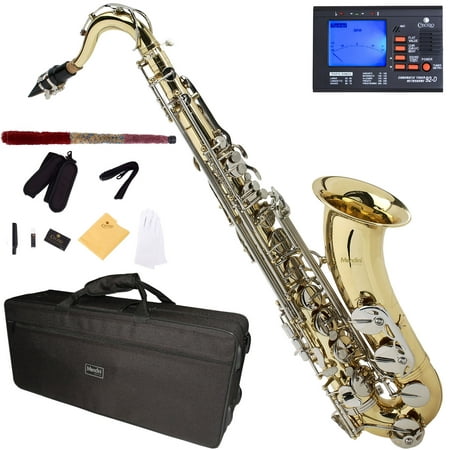 Mendini by Cecilio Bb Tenor Saxophone with Tuner, 10 Reeds, Mouthpiece and Case, MTS-LN Gold Lacquer with Nickel