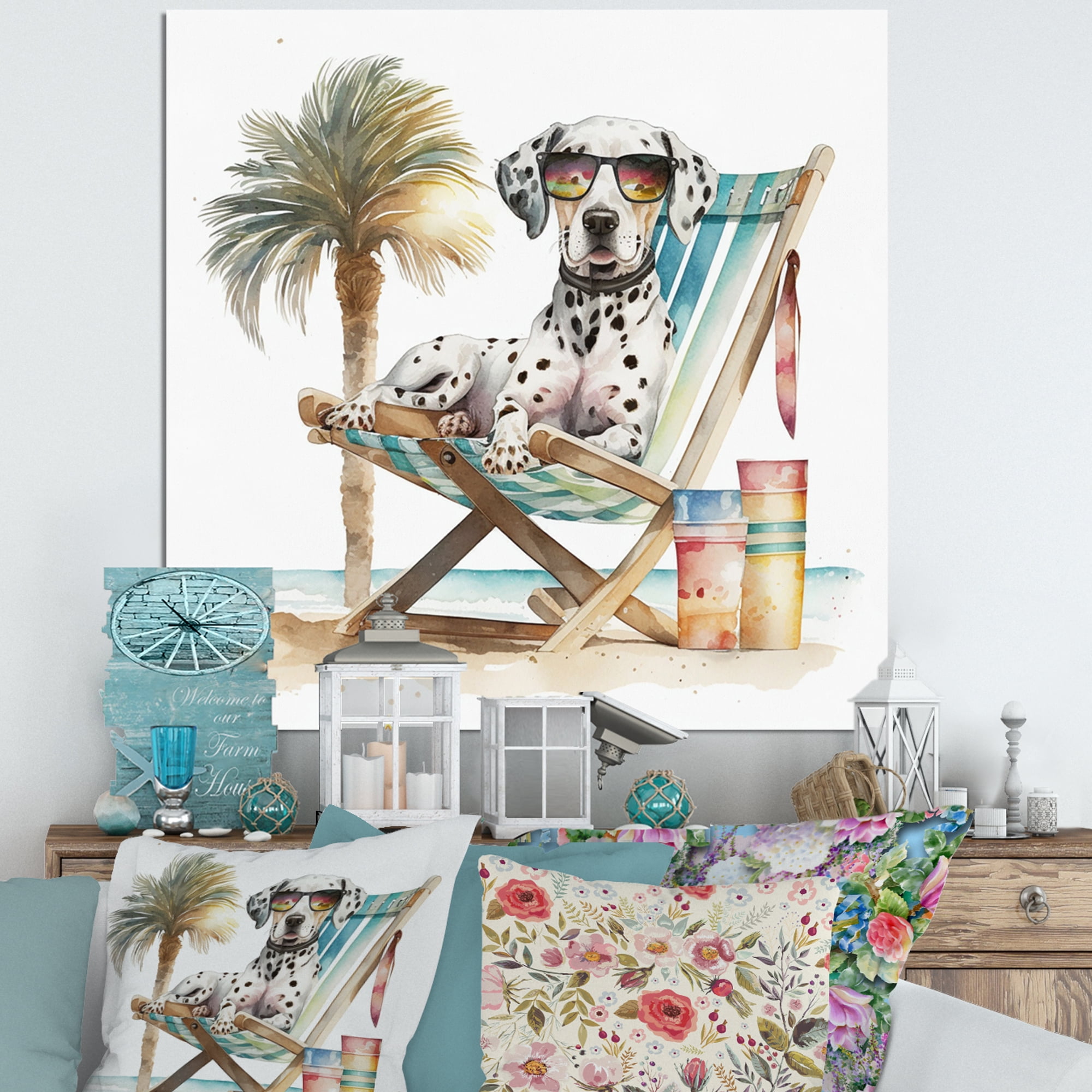 Designart Dog Lounging On The Beach With Sunglasses II Canvas Wall Art