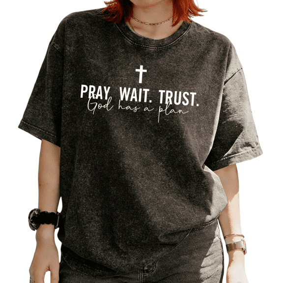 Cozymy Women's Pray Wait Trust God Has A Plan Christian Faith Graphic Washed Short Sleeve T-Shirt Casual Relaxed Fit
