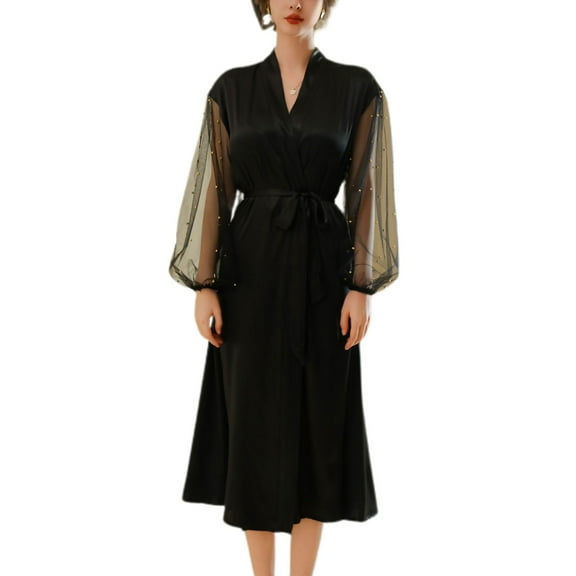 Women's Satin Robe Luxury Illusion Long Sleeve Bathrobe Summer Loungewear Kimono Robe Soft Comfy Long House Caot Silky Black X-Small
