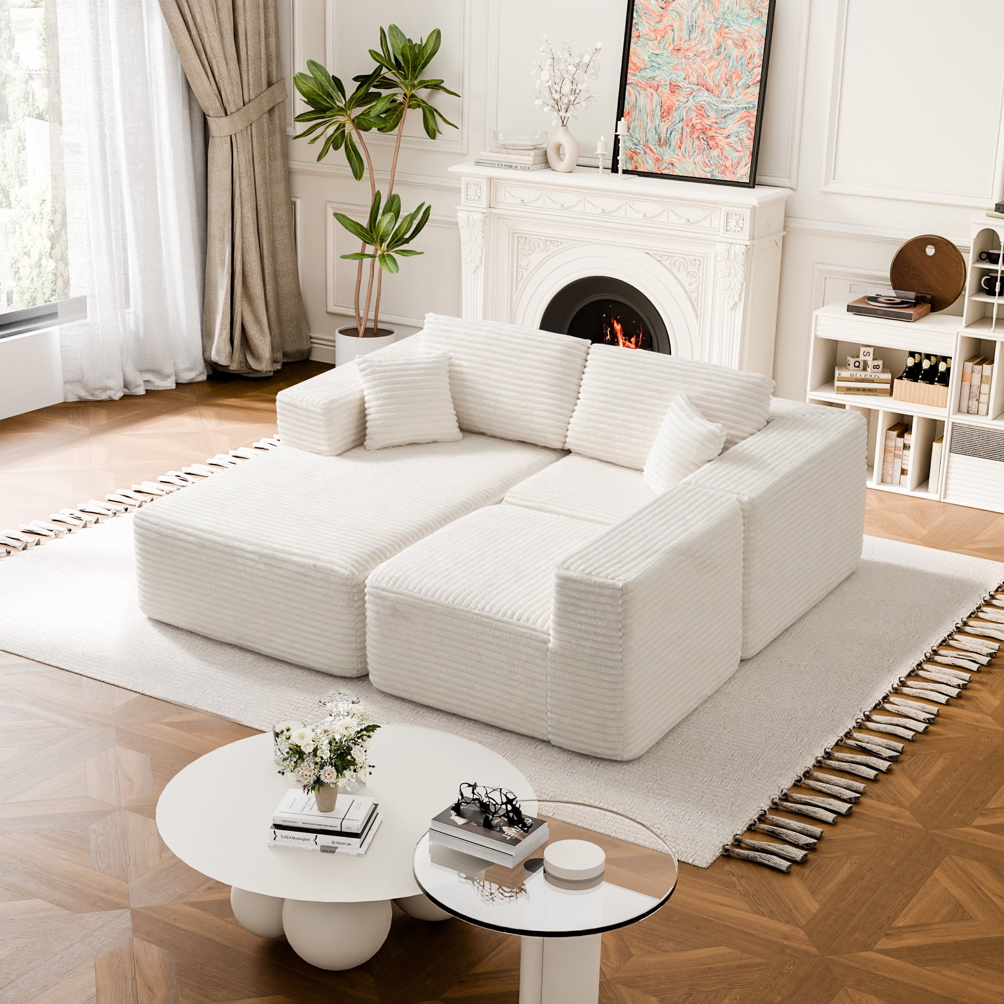 MAYEERTY 104" Cloud Sectional Sofa, Compressed Corduroy Modular Boneless Couch, No Assembly Required for Home Lounge,Beige