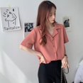 thumbnail image 2 of Solid Color Crop Top Short Sleeve Button Down T Shirts Lapel V Neck, 2 of 9