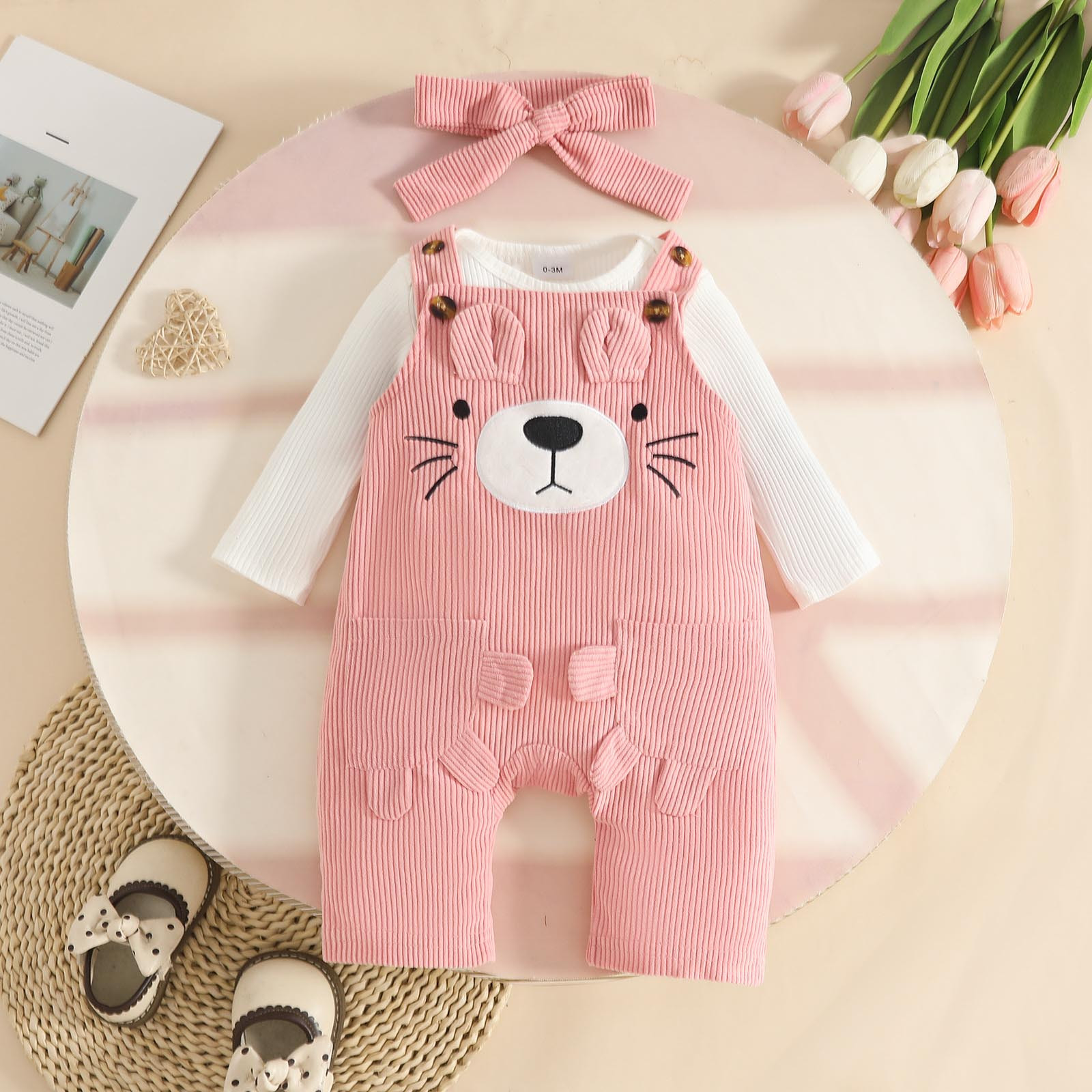 THDHVS Newborn Girl Outfits,Girls' Clothing Sets,Bear Embroidered Overalls Set with Ribbed Bodysuit and Headband for Baby Girl Cozy Outfit 0-3 Months