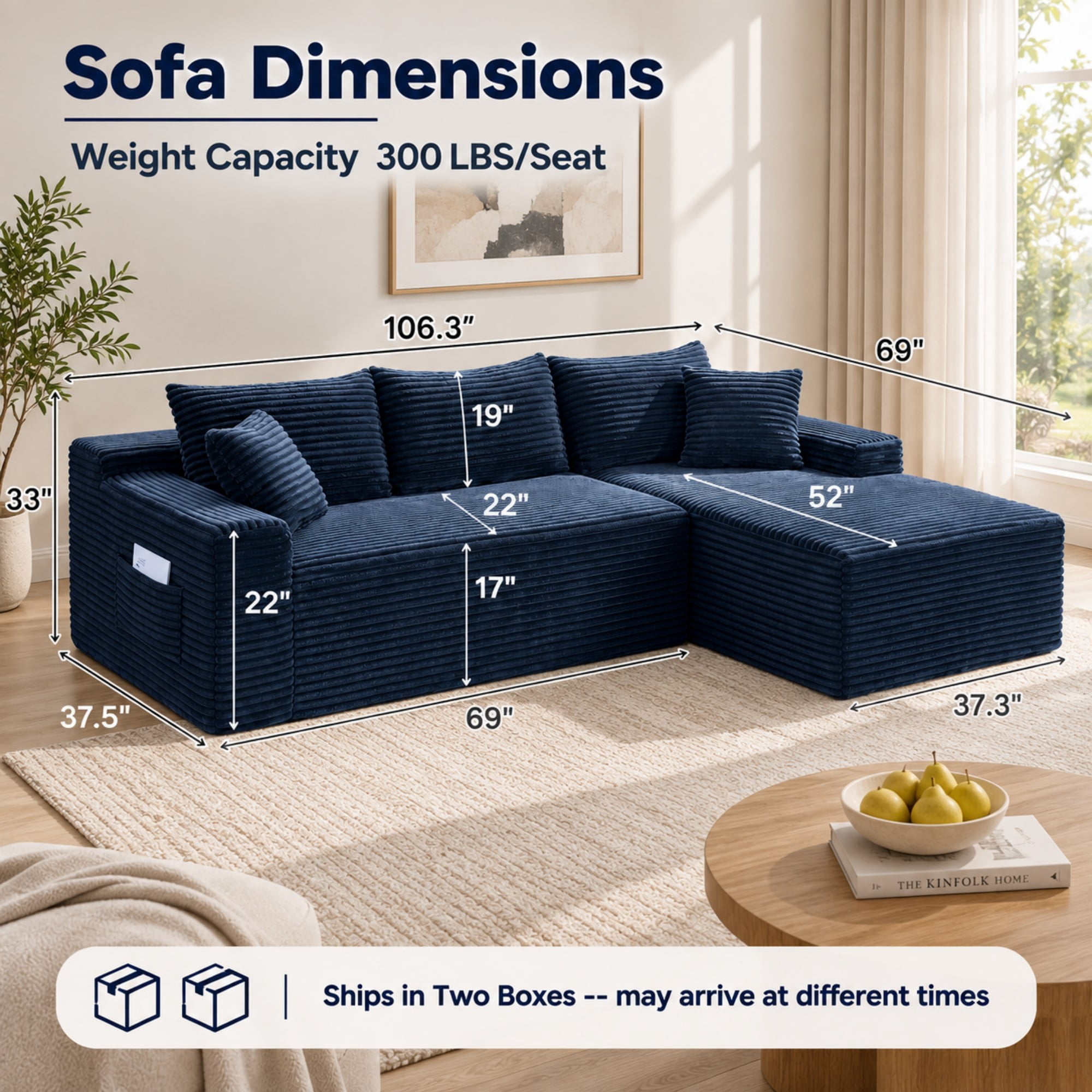 DEALTOPS 106" Corduroy L-Shape Sectional Sofa, Modular Floor Cloud Couch with Right Chaise, Blue