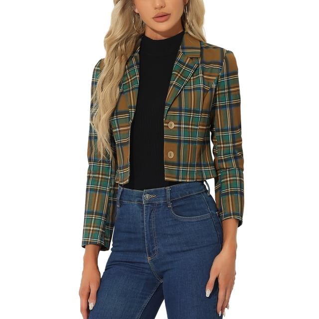Unique Bargains Blazer Court à Carreaux Extensible à Revers Cranté pour Femmes Marron m